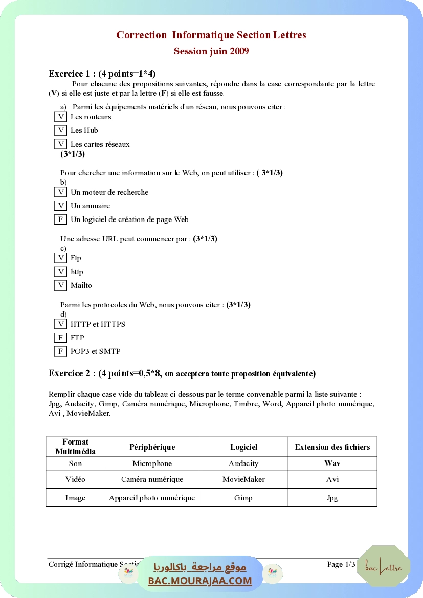 Corrigé principale info Bac 2009 – Section lettre